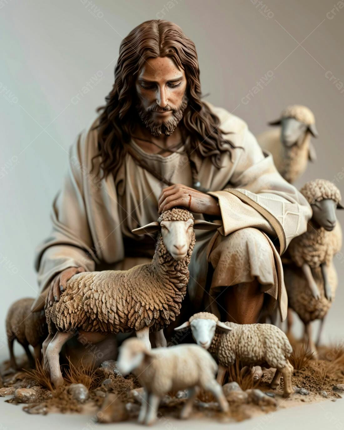 Jesus com ovelhas escultura tons terra