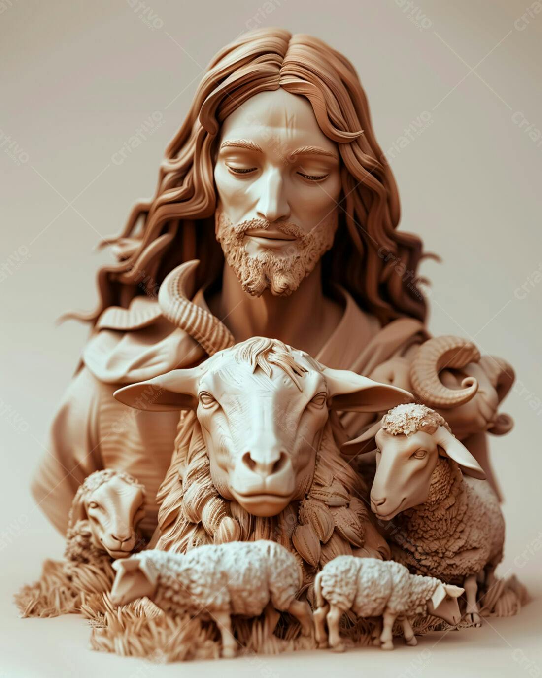 Jesus com ovelhas escultura em tons terra