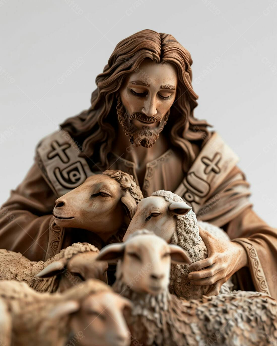 Jesus com ovelhas escultura tons terra