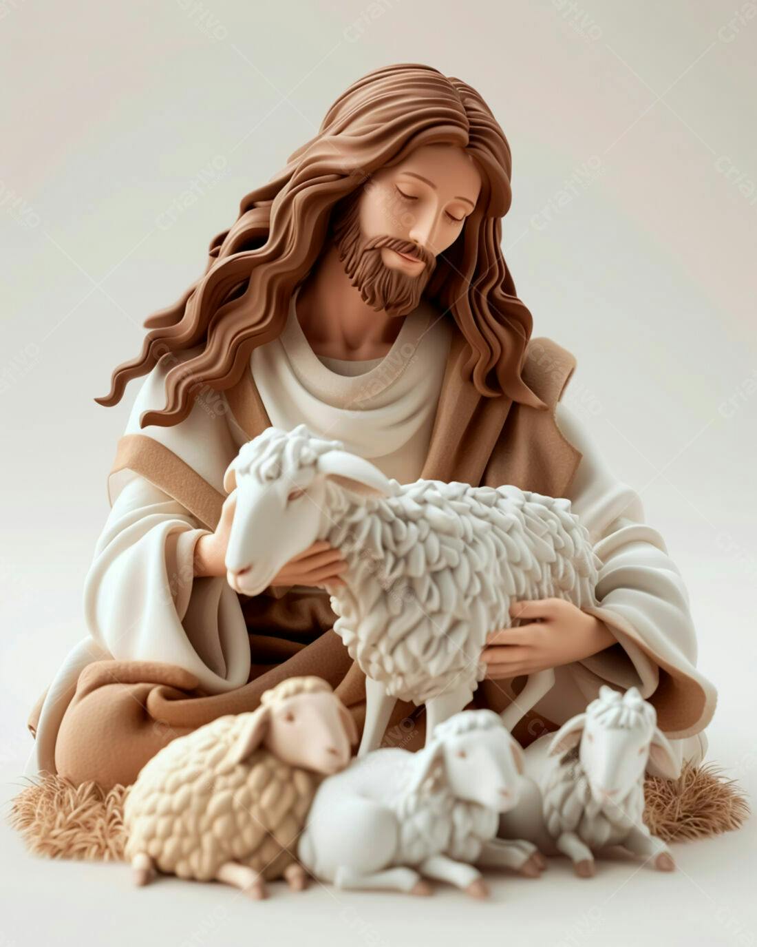 Jesus com cordeiros escultura religiosa tons terrosos