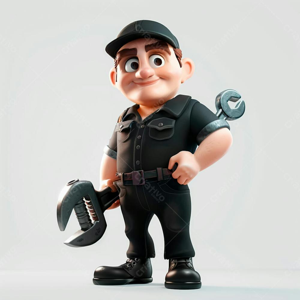 Personagem 3D De Um Mecânico Com Uniforme Preto Segurando Uma Chave Inglesa