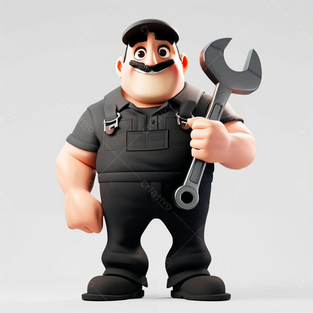 Personagem 3D De Um Mecânico Com Uniforme Preto Segurando Uma Chave Inglesa