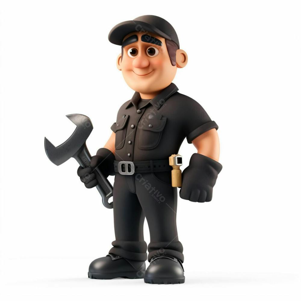 Personagem 3D De Um Mecânico Com Uniforme Preto Segurando Uma Chave Inglesa