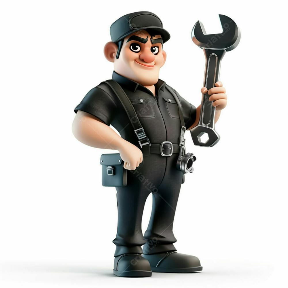 Personagem 3D De Um Mecânico Com Uniforme Preto Segurando Uma Chave Inglesa