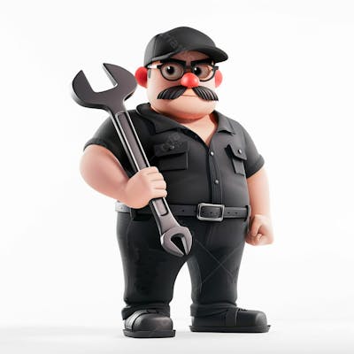 Personagem 3D De Um Mecânico Com Uniforme Preto Segurando Uma Chave Inglesa