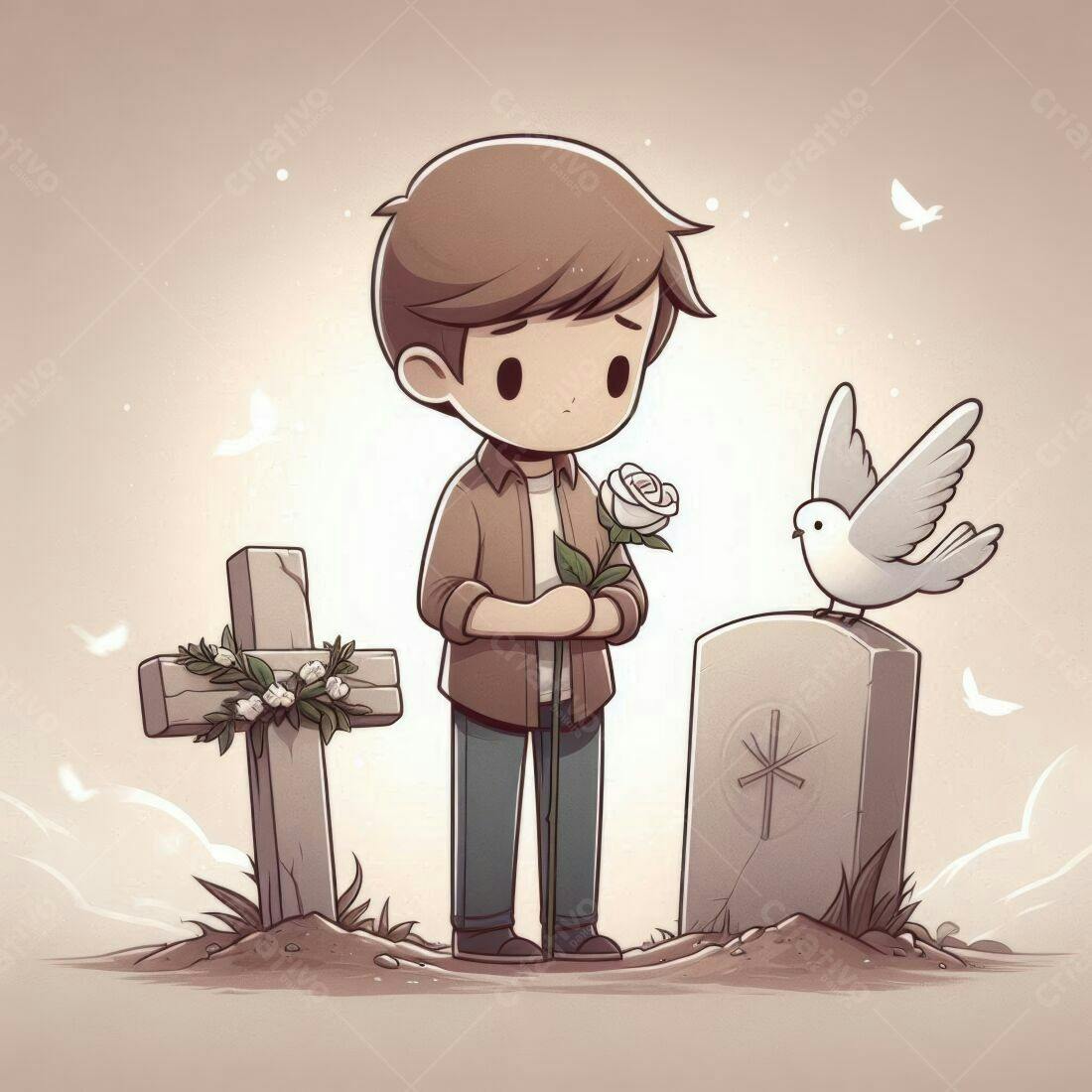 Menino triste em cemitério com rosa branca