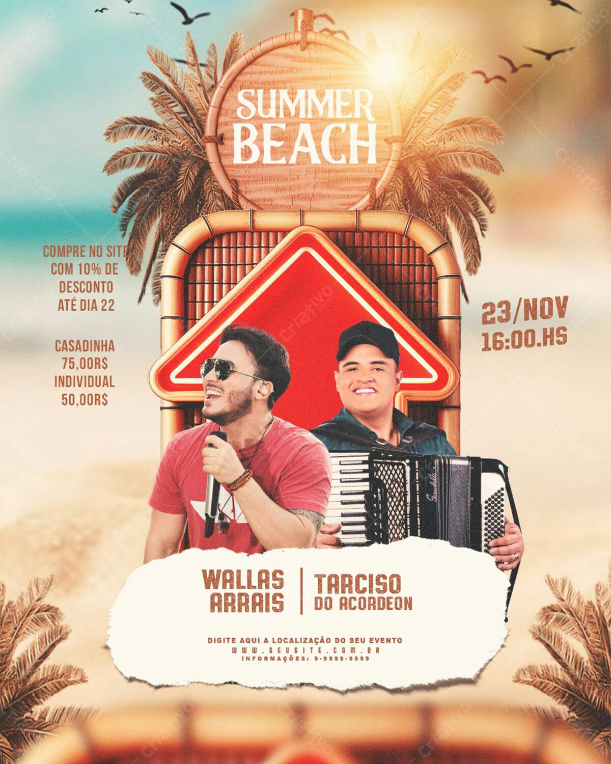 Flyer Summer Beach com Wallas Arrais e Tarciso do Acordeon PSD Editável