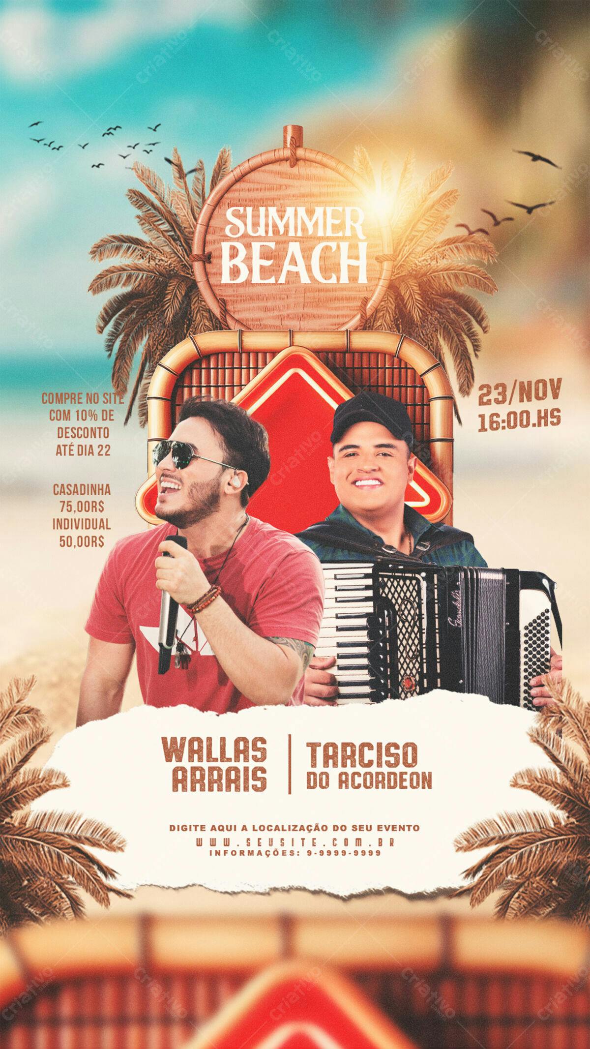 Flyer para Show Verão com Wallas Arrais e Tarcísio do Acordeon PSD Editável