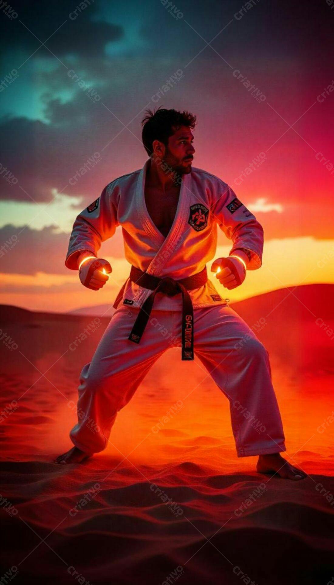 Lutador de Karatê ao Pôr do Sol