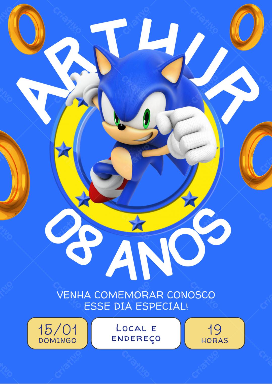 Convite de aniversário Sonic 8 anos Editável no Canva