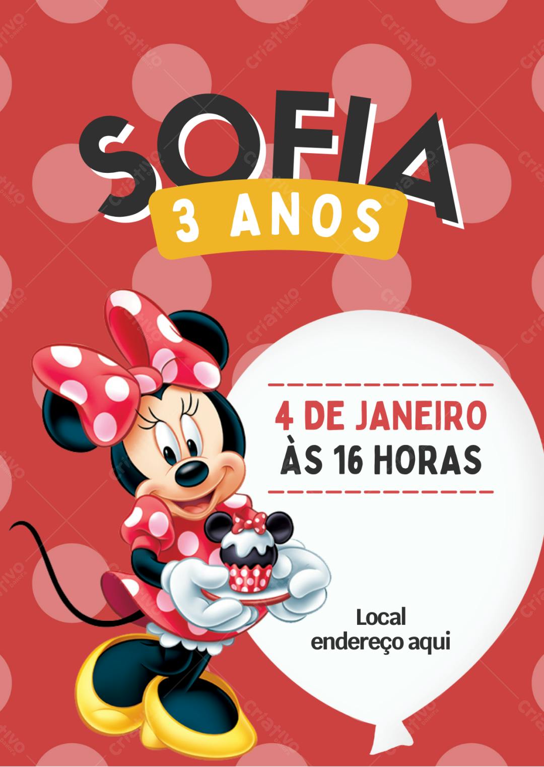 Convite de Aniversário Minnie Vermelho e Branco Editável no Canva