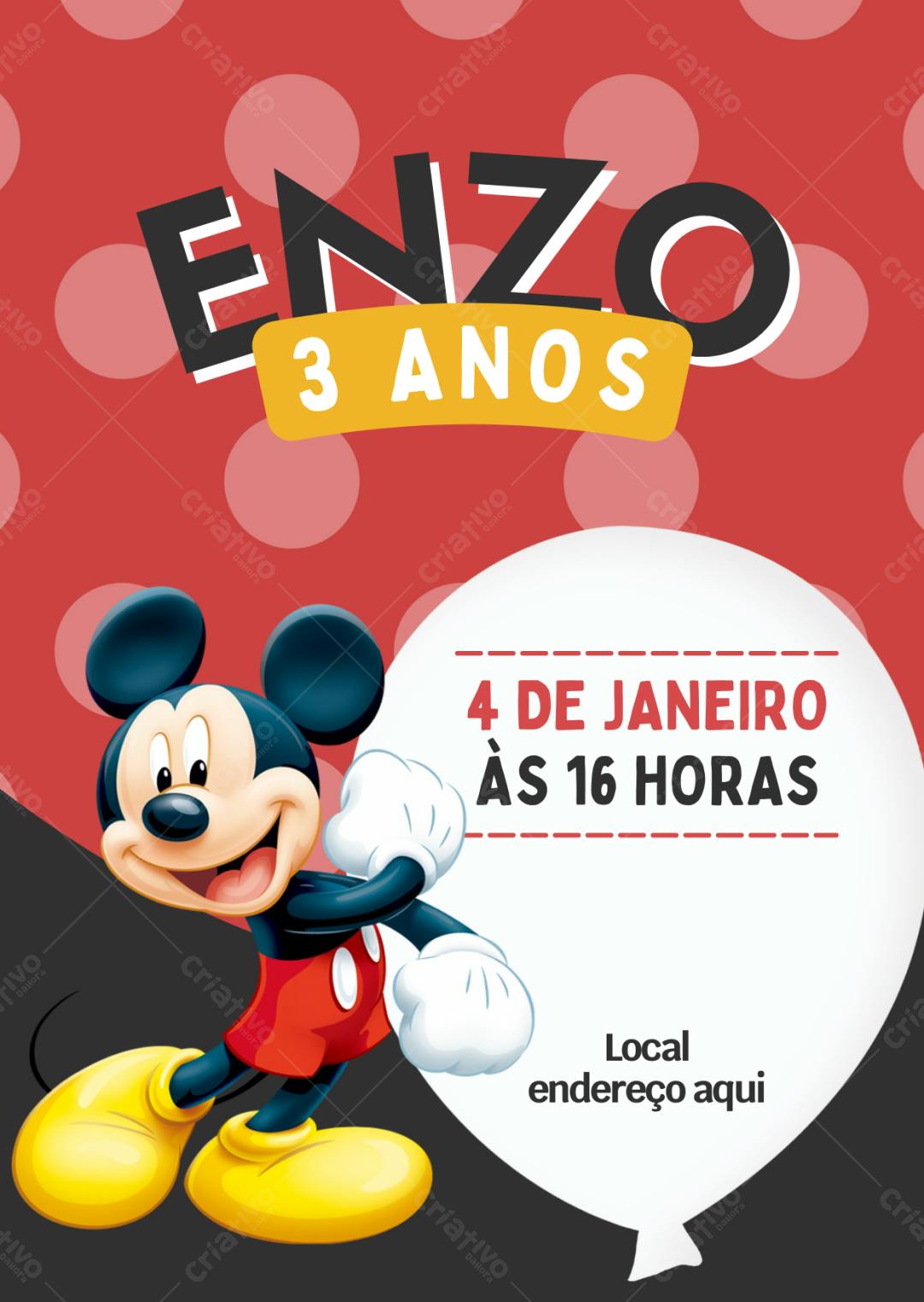 Convite de aniversário Mickey Mouse infantil Editável no Canva