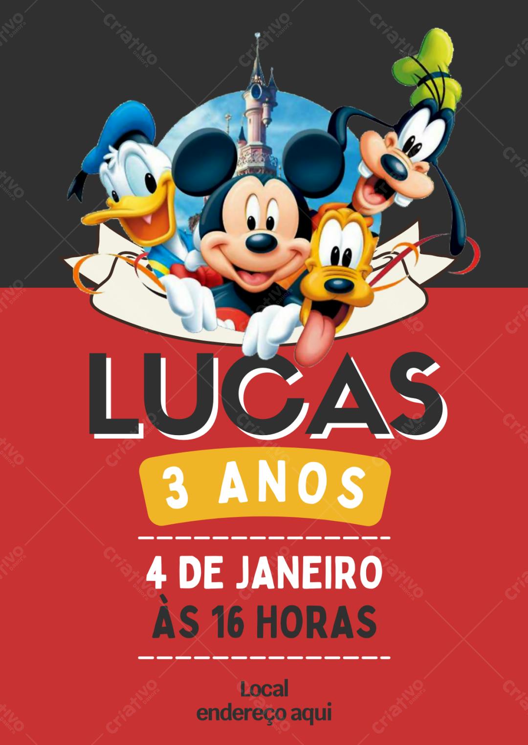 Convite de Aniversário Mickey Mouse e Amigos Editável no Canva