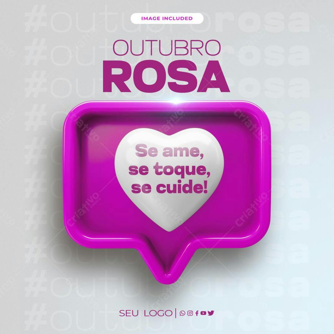 Post Instagram Outubro Rosa com coração rosa e branco Editável no Canva