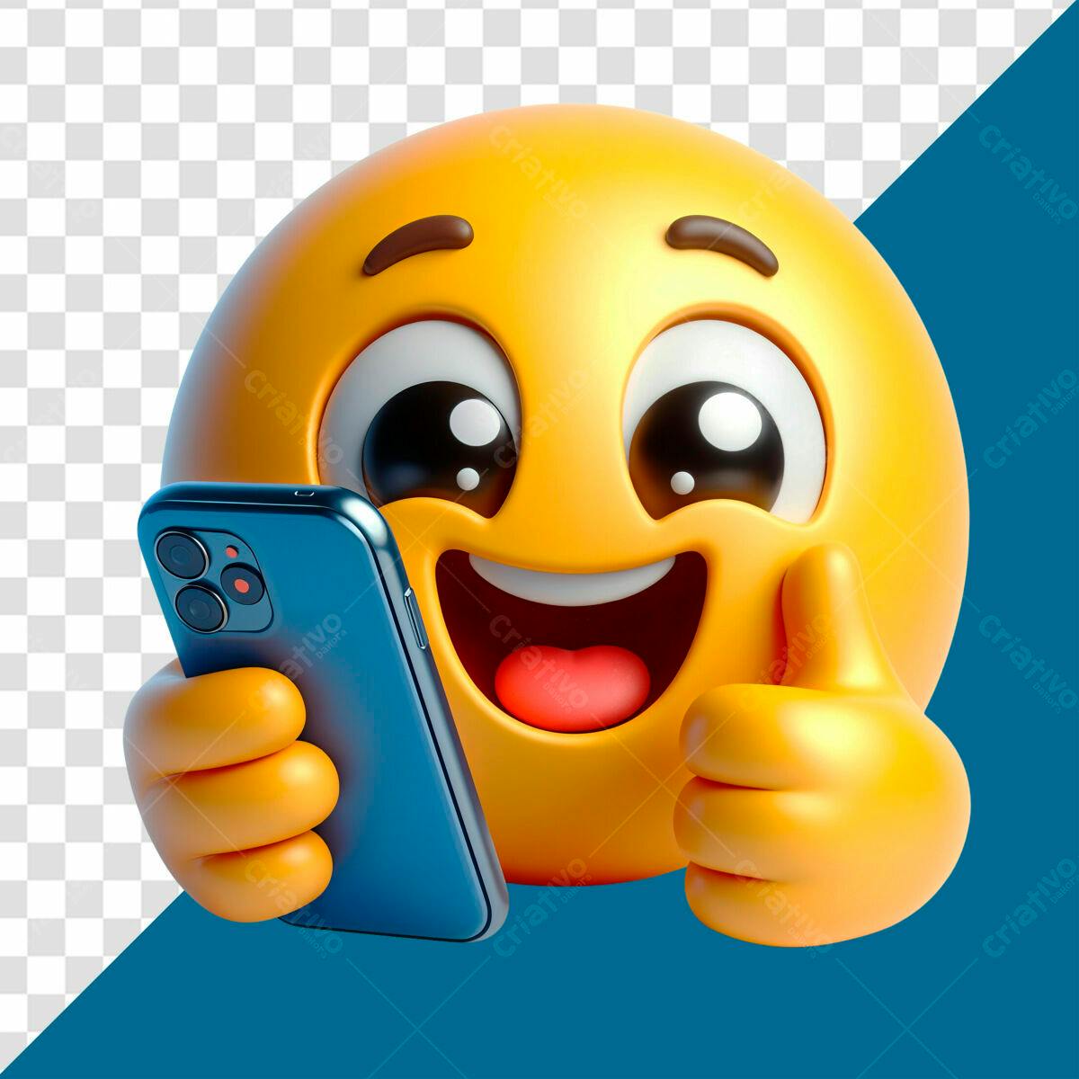 Emoji Feliz com Smartphone PSD Editável