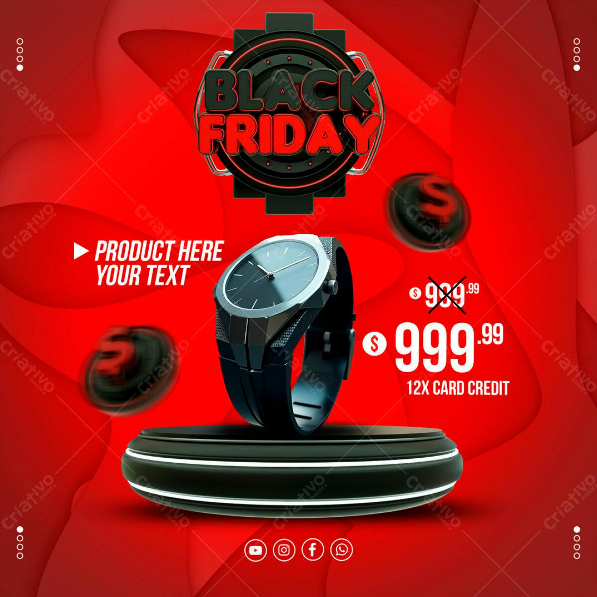 Flyer Black Friday Relógio PSD Editável