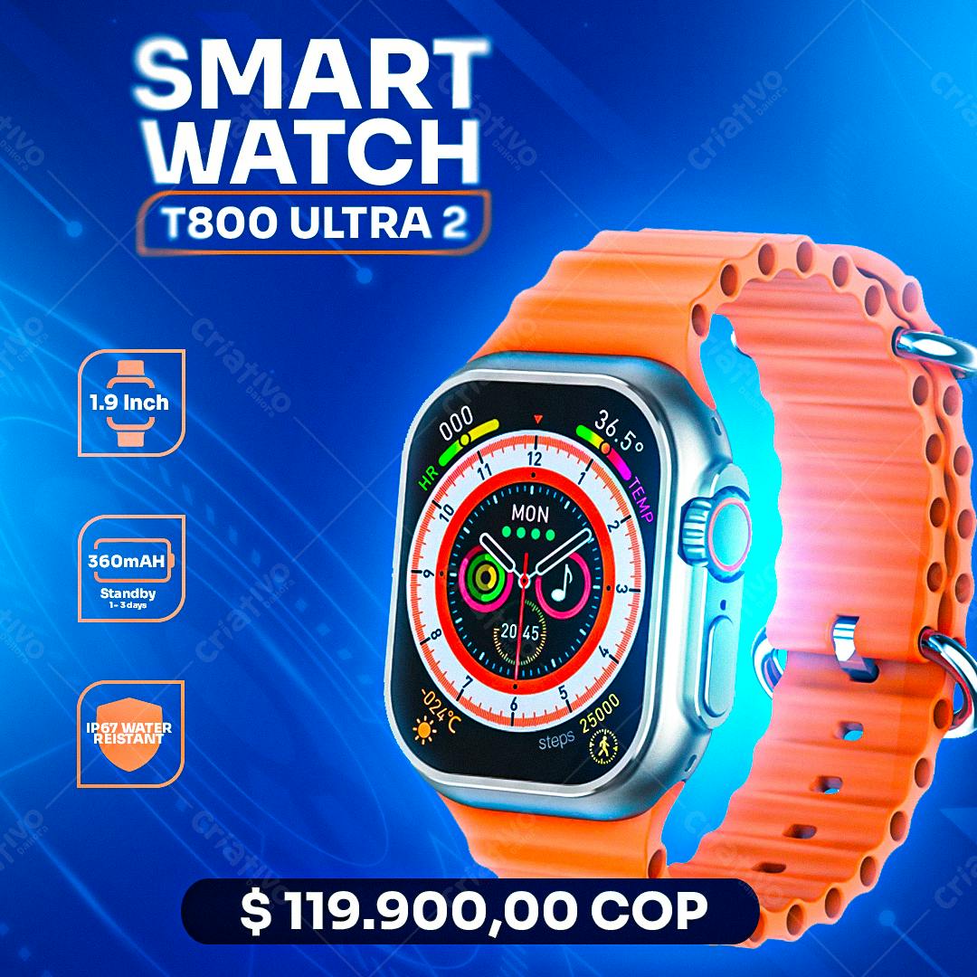 Mockup Smartwatch T800 Ultra 2 Laranja PSD Editável
