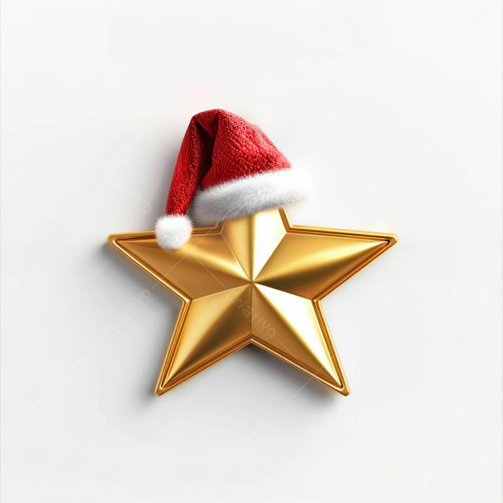 Estrela Dourada 3D Com Um Chapéu De Papai Noel Em Um Fundo Branco