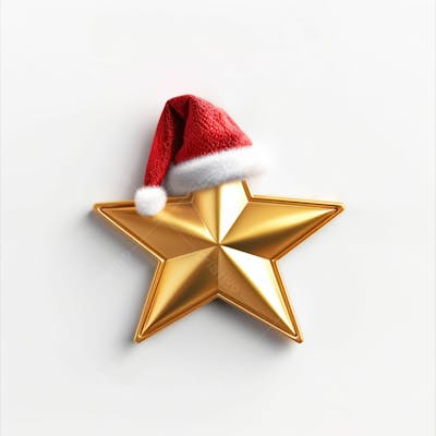 Estrela Dourada 3D Com Um Chapéu De Papai Noel Em Um Fundo Branco