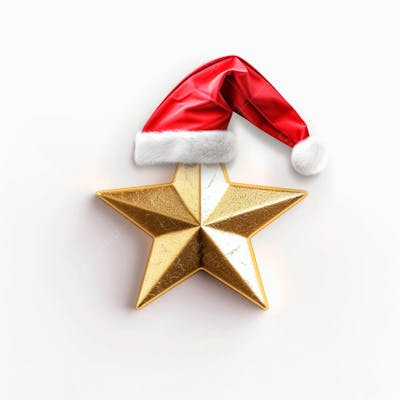 Estrela Dourada 3D Com Um Chapéu De Papai Noel Em Um Fundo Branco