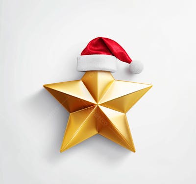 Estrela Dourada 3D Com Um Chapéu De Papai Noel Em Um Fundo Branco