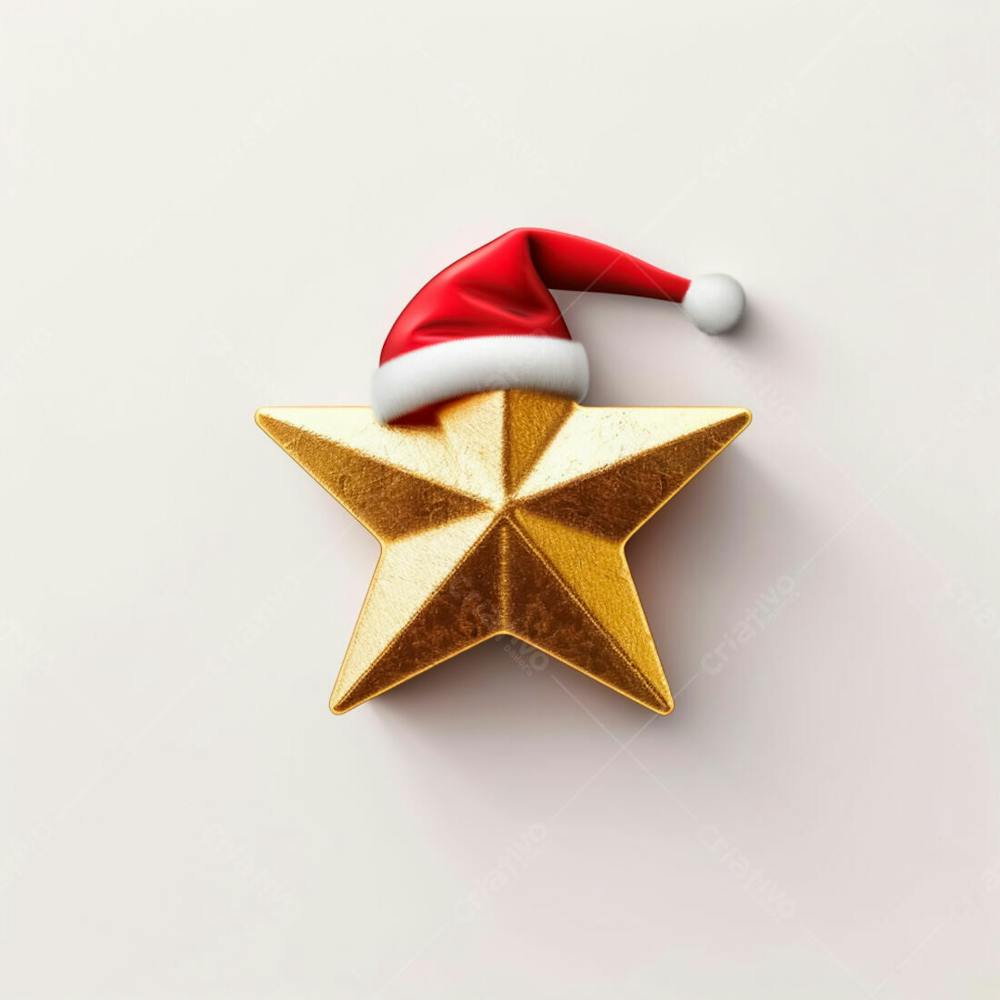 Estrela Dourada 3D Com Um Chapéu De Papai Noel Em Um Fundo Branco