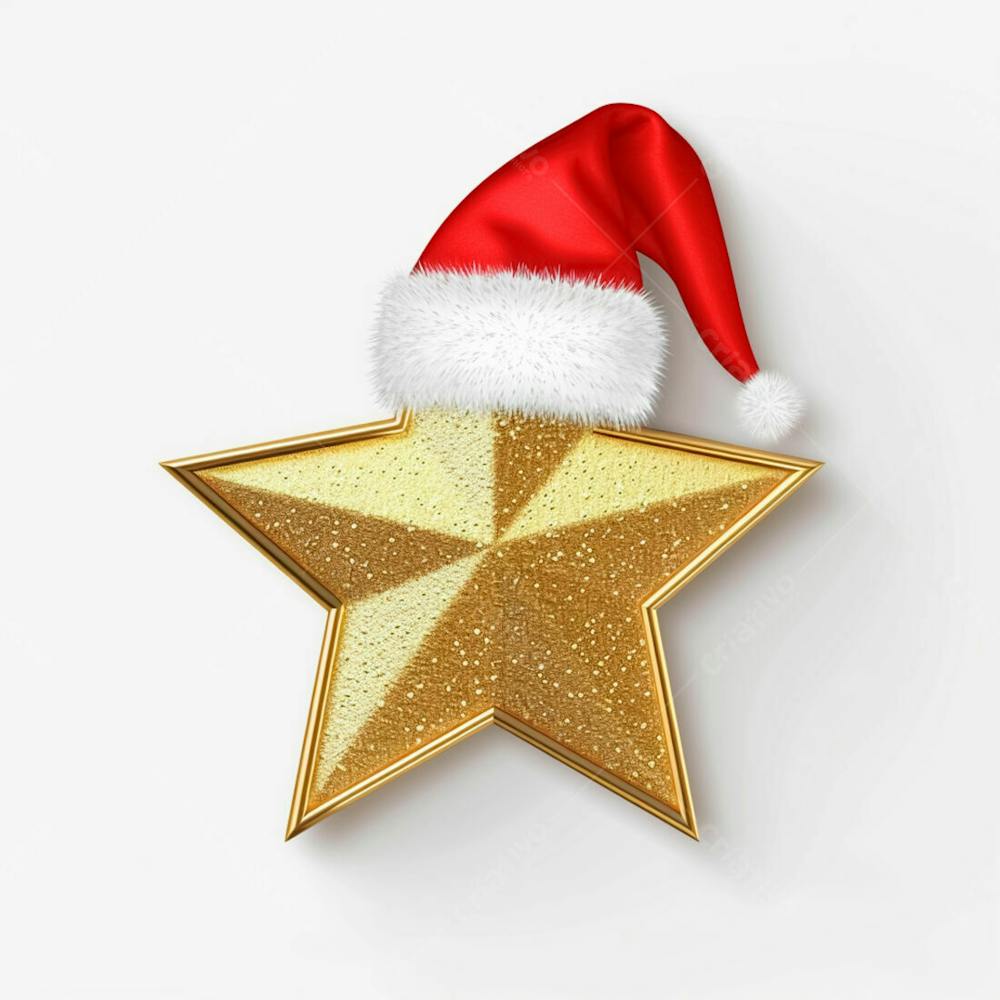 Estrela Dourada 3D Com Um Chapéu De Papai Noel Em Um Fundo Branco