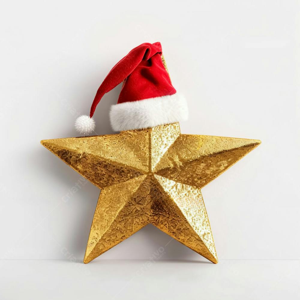 Estrela Dourada 3D Com Um Chapéu De Papai Noel Em Um Fundo Branco