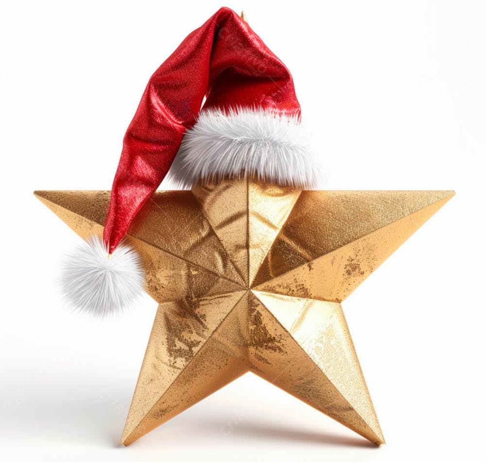 Estrela Dourada 3D Com Um Chapéu De Papai Noel Em Um Fundo Branco