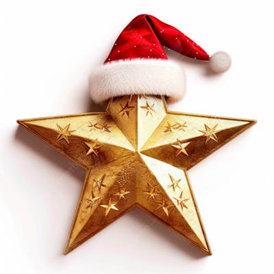 Estrela Dourada 3D Com Um Chapéu De Papai Noel Em Um Fundo Branco