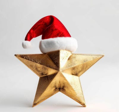 Estrela Dourada 3D Com Um Chapéu De Papai Noel Em Um Fundo Branco
