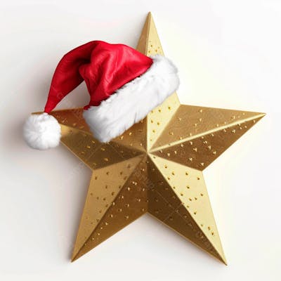 Estrela Dourada 3D Com Um Chapéu De Papai Noel Em Um Fundo Branco