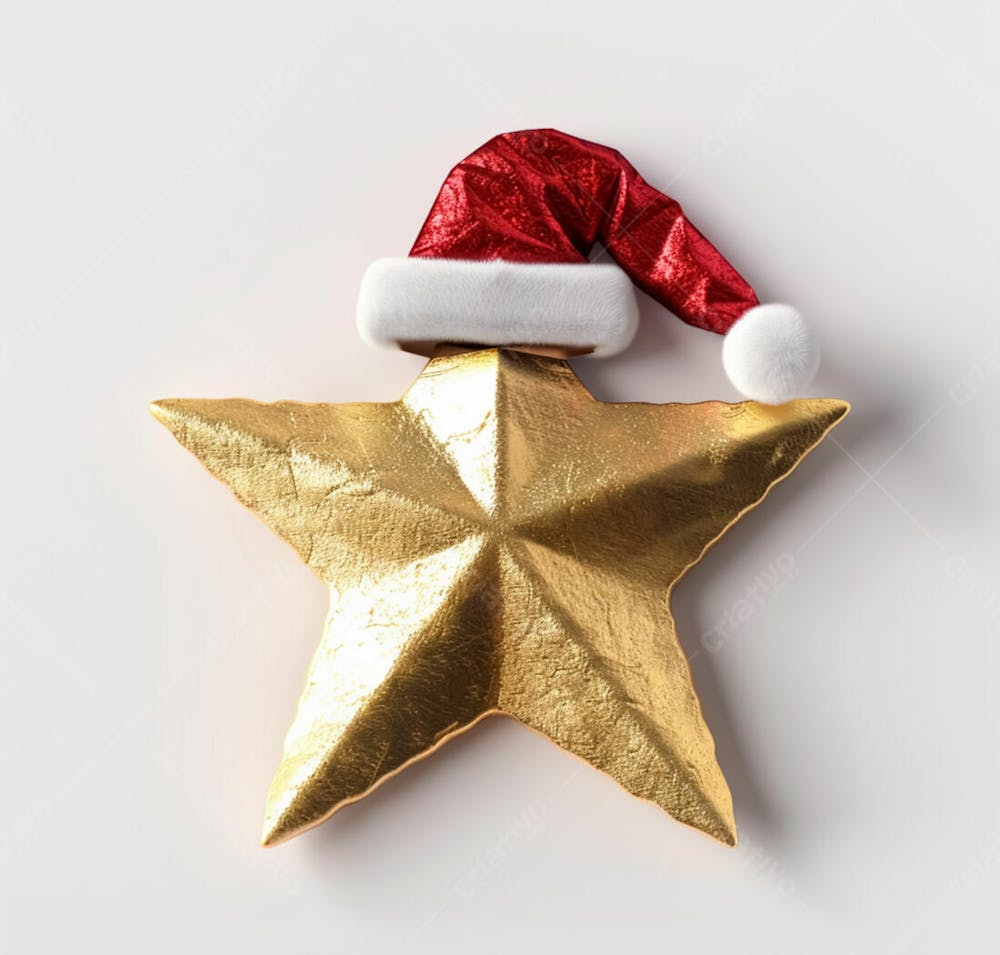 Estrela Dourada 3D Com Um Chapéu De Papai Noel Em Um Fundo Branco