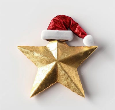 Estrela Dourada 3D Com Um Chapéu De Papai Noel Em Um Fundo Branco