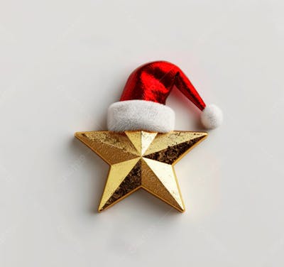Estrela Dourada 3D Com Um Chapéu De Papai Noel Em Um Fundo Branco