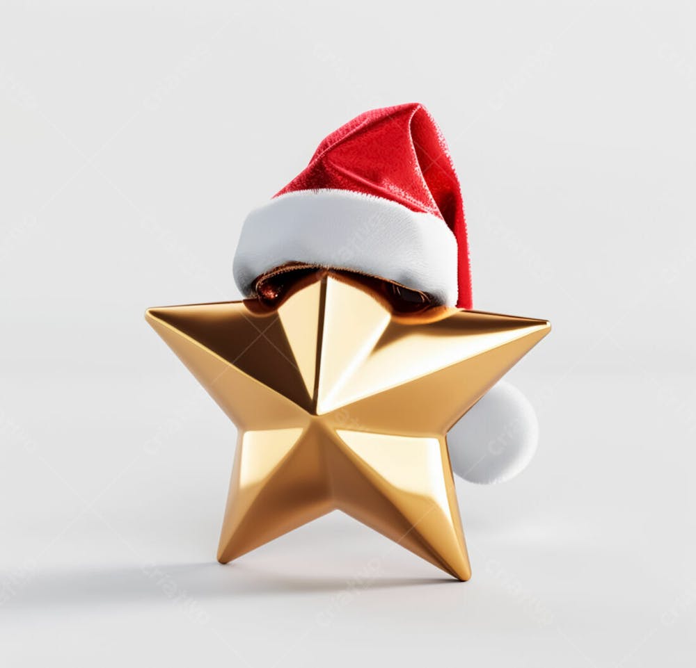 Estrela Dourada 3D Com Um Chapéu De Papai Noel Em Um Fundo Branco