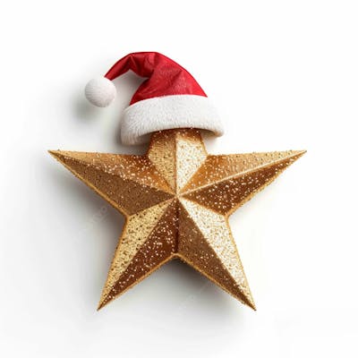 Estrela Dourada 3D Com Um Chapéu De Papai Noel Em Um Fundo Branco