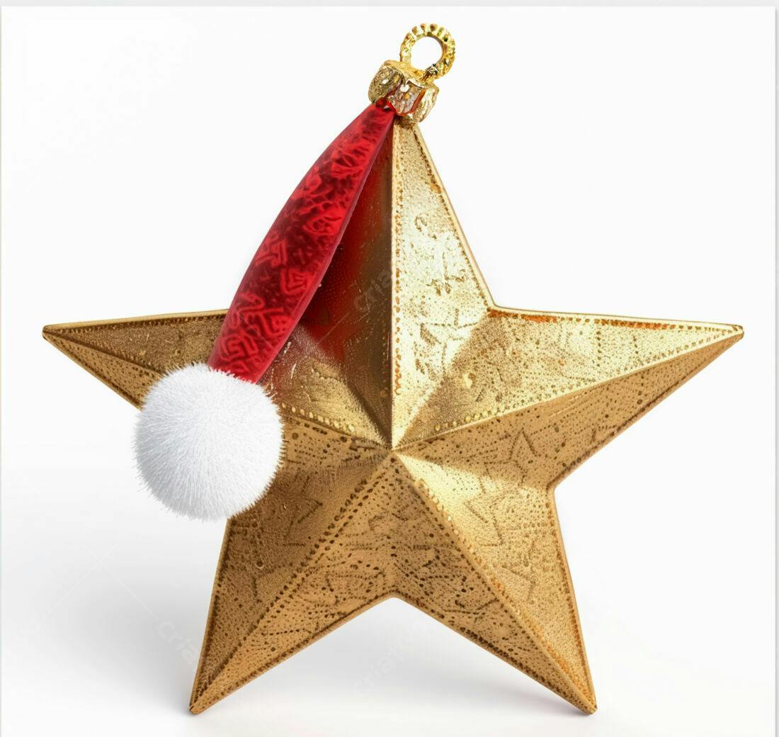 Estrela dourada de Natal com chapéu de Papai Noel