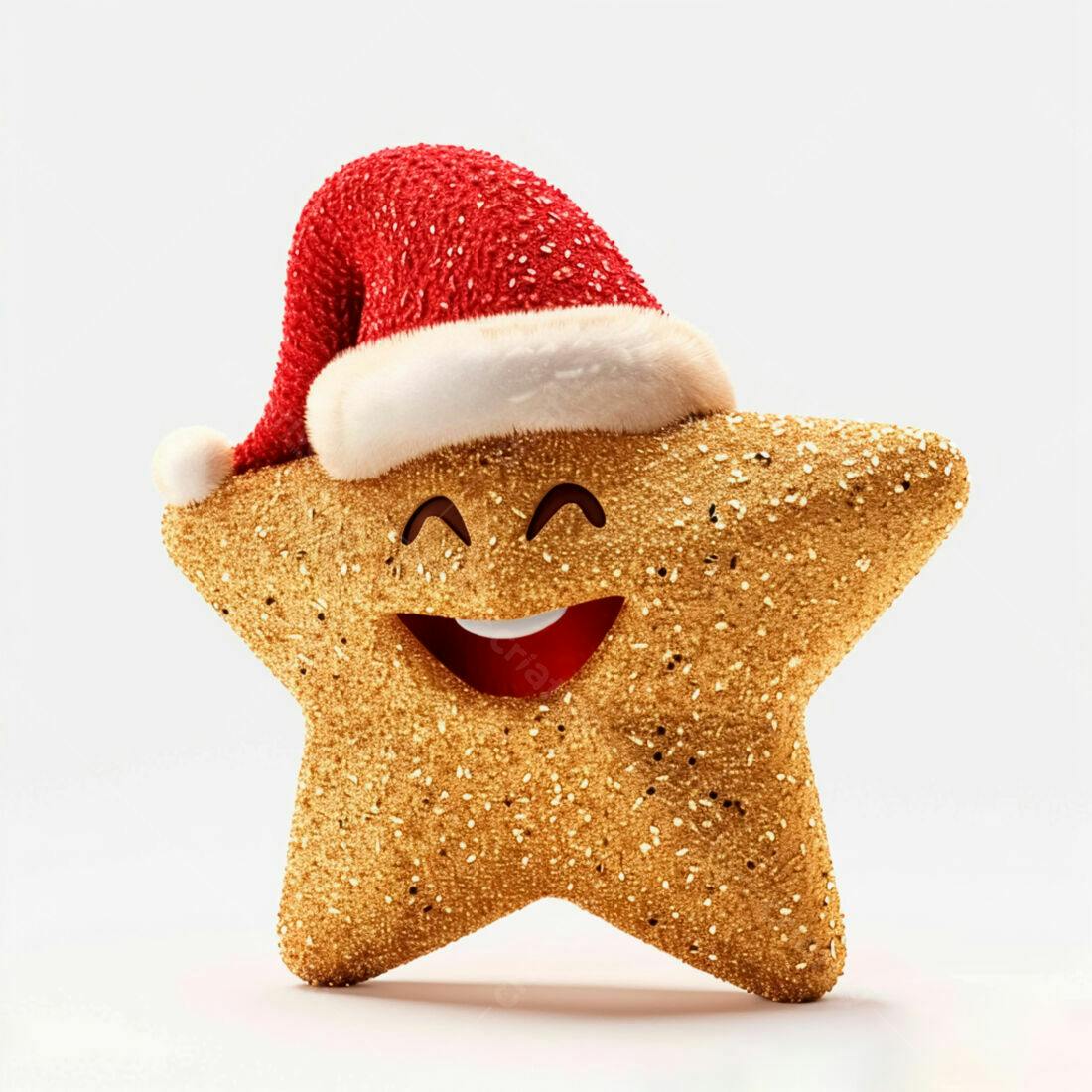Estrela dourada sorrindo com chapéu de Papai Noel