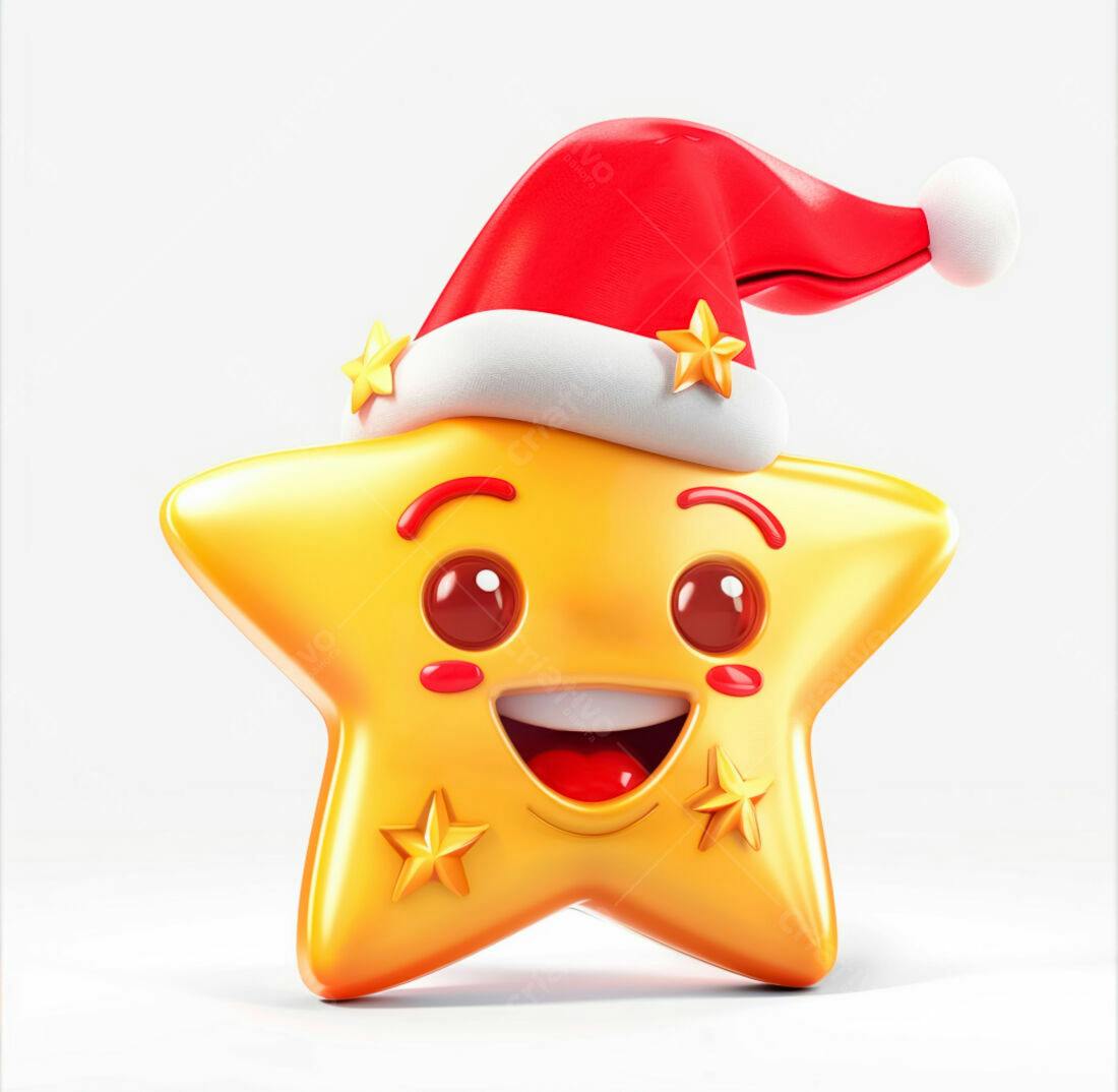 Estrela Natalina sorridente com chapéu vermelho