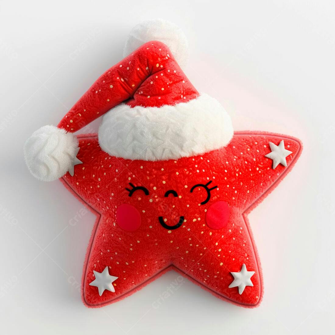 Estrela de pelúcia vermelha com chapéu de Papai Noel