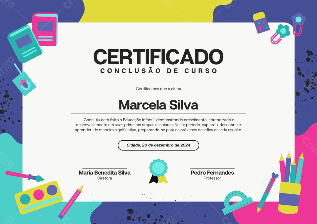 Certificado de Conclusão Educação Infantil Colorido Editável no Canva