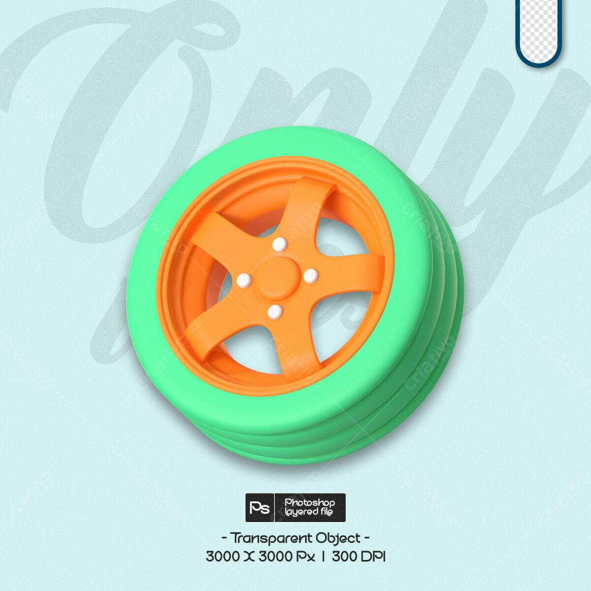 Objeto 3D de Pneu e Aro Laranja e Verde PSD Editável
