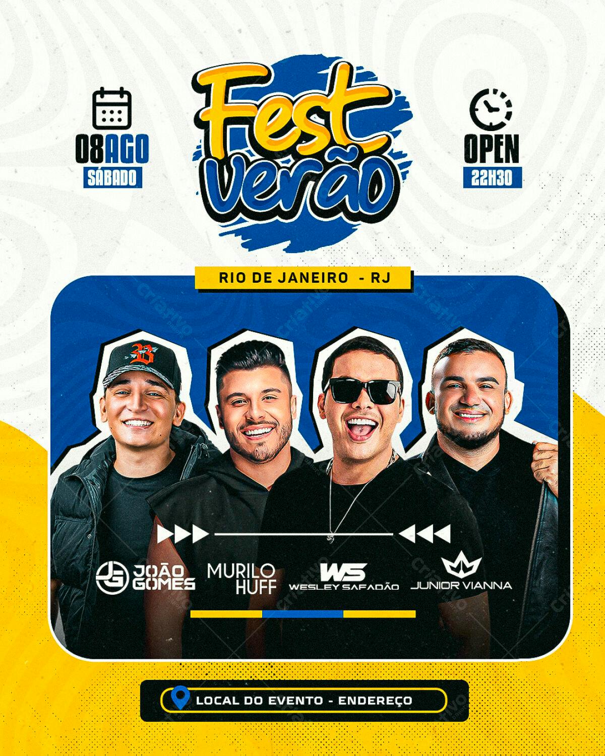 Flyer Festa de Verão com João Gomes, Murilo Huff e Wesley Safadão PSD Editável