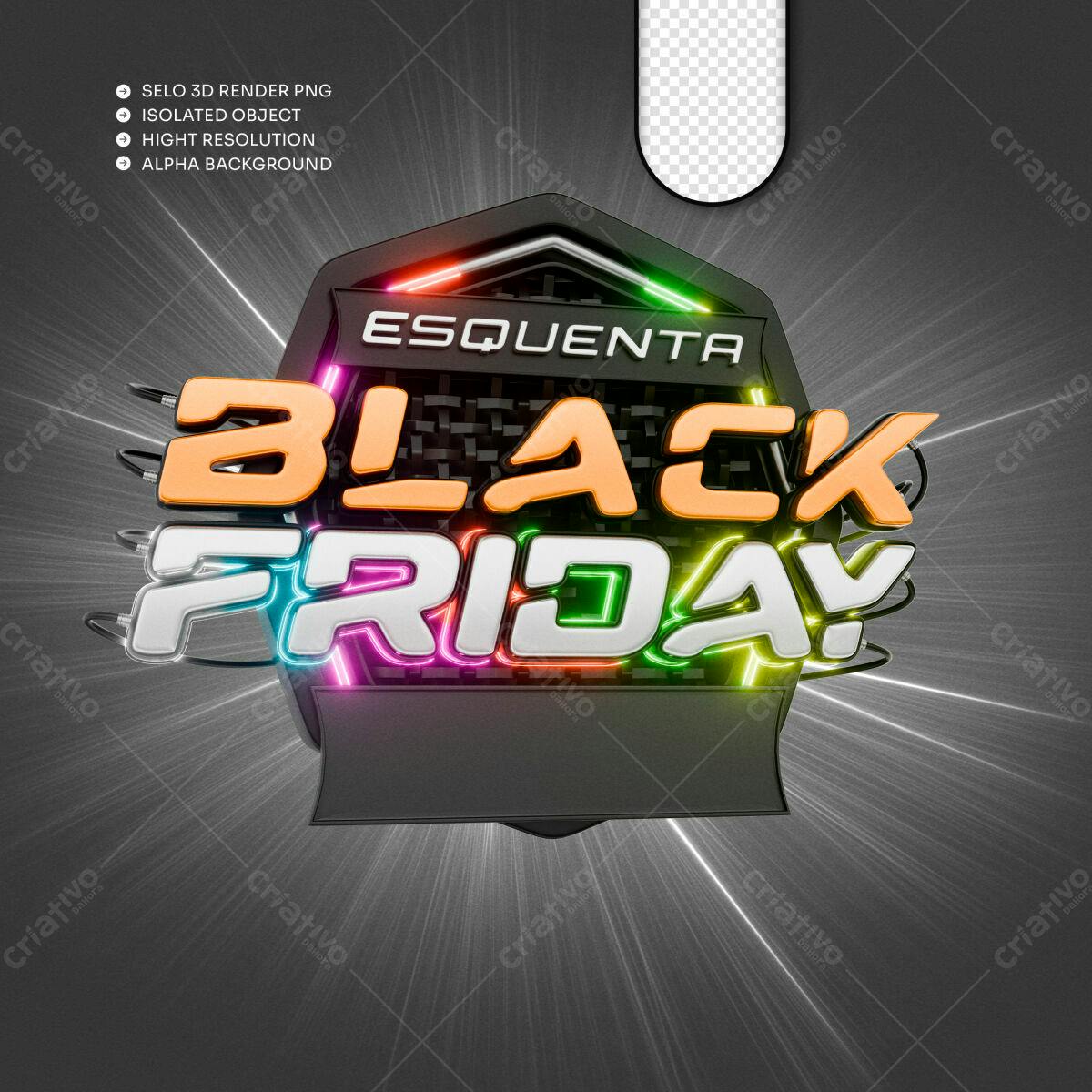 Selo 3D promocional Black Friday neon e laranja