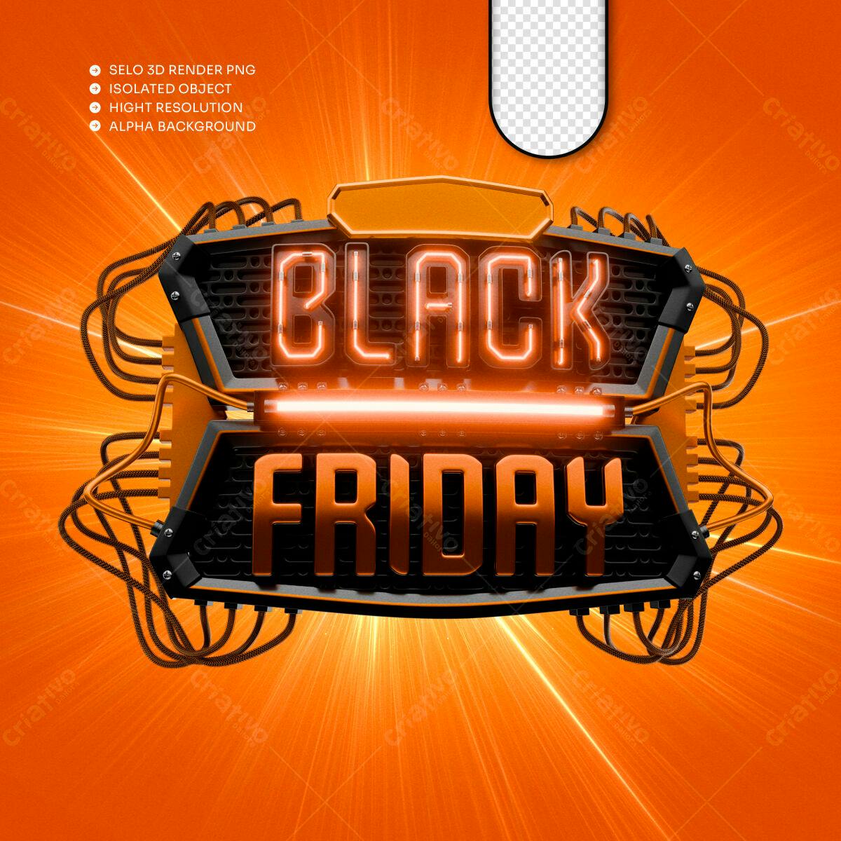 Selo 3D promocional Black Friday laranja e preto