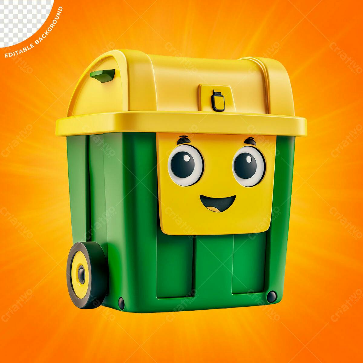 PSD Lixeira Cartoon Amarela e Verde para Campanhas de Reciclagem Editável