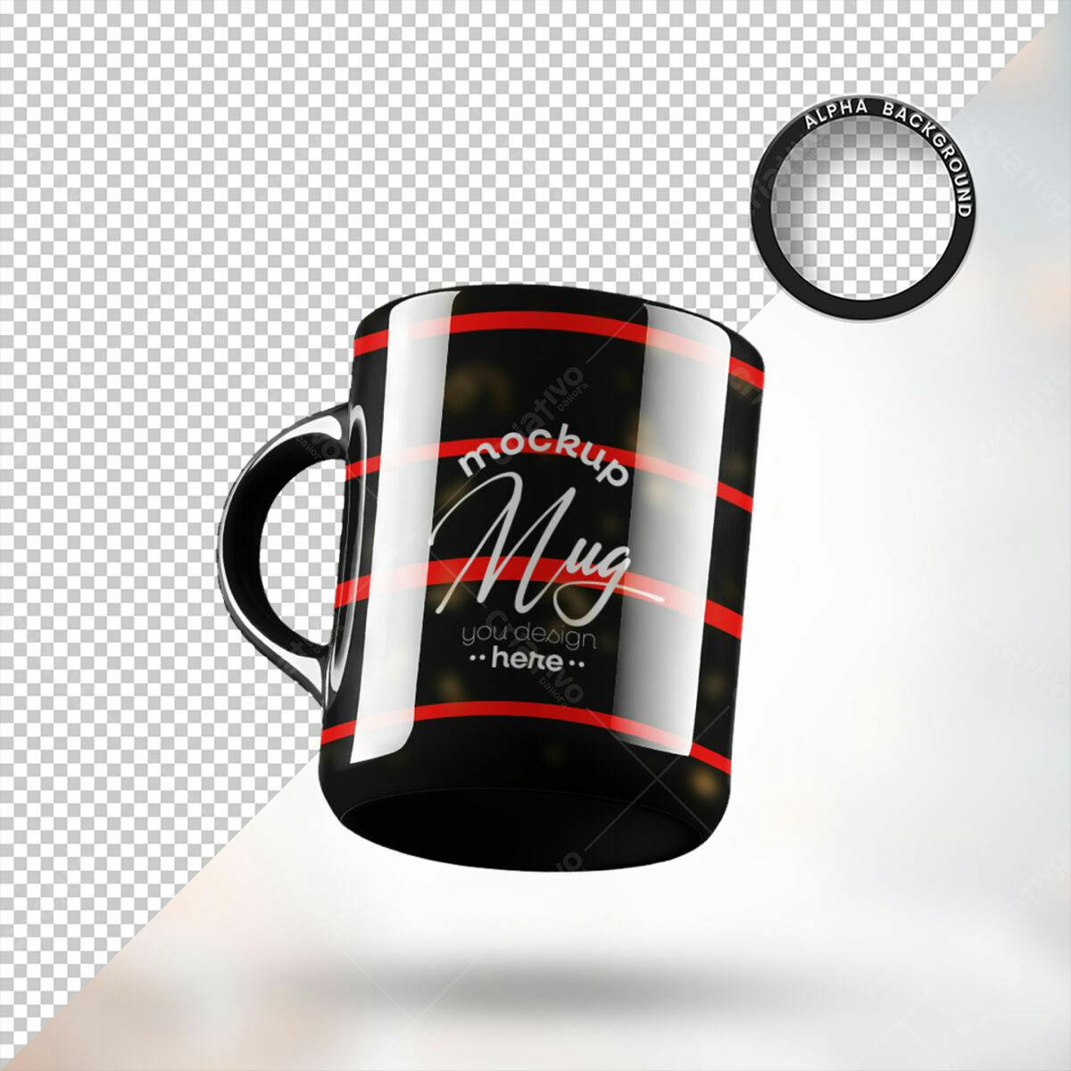 Caneca com Listras Vermelhas e Pretas PSD Editável