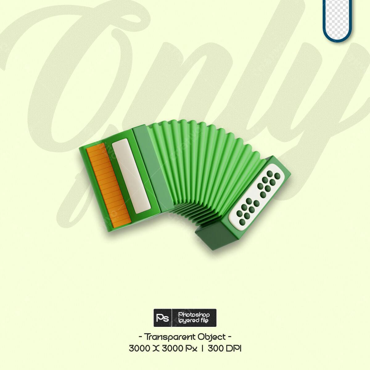 PSD de Acordeon Verde para Ilustração 3D Editável