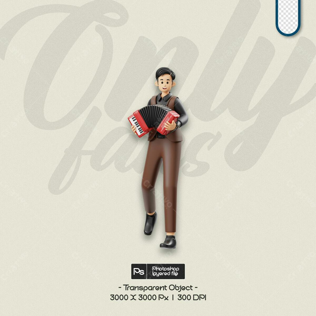PSD Personagem 3D com Acordeon para Design de Música PSD Editável